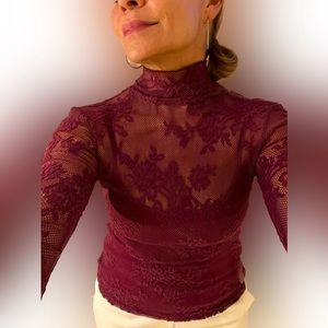 Express burgundy Shear lace turtle neck long sleeve top size S NWT